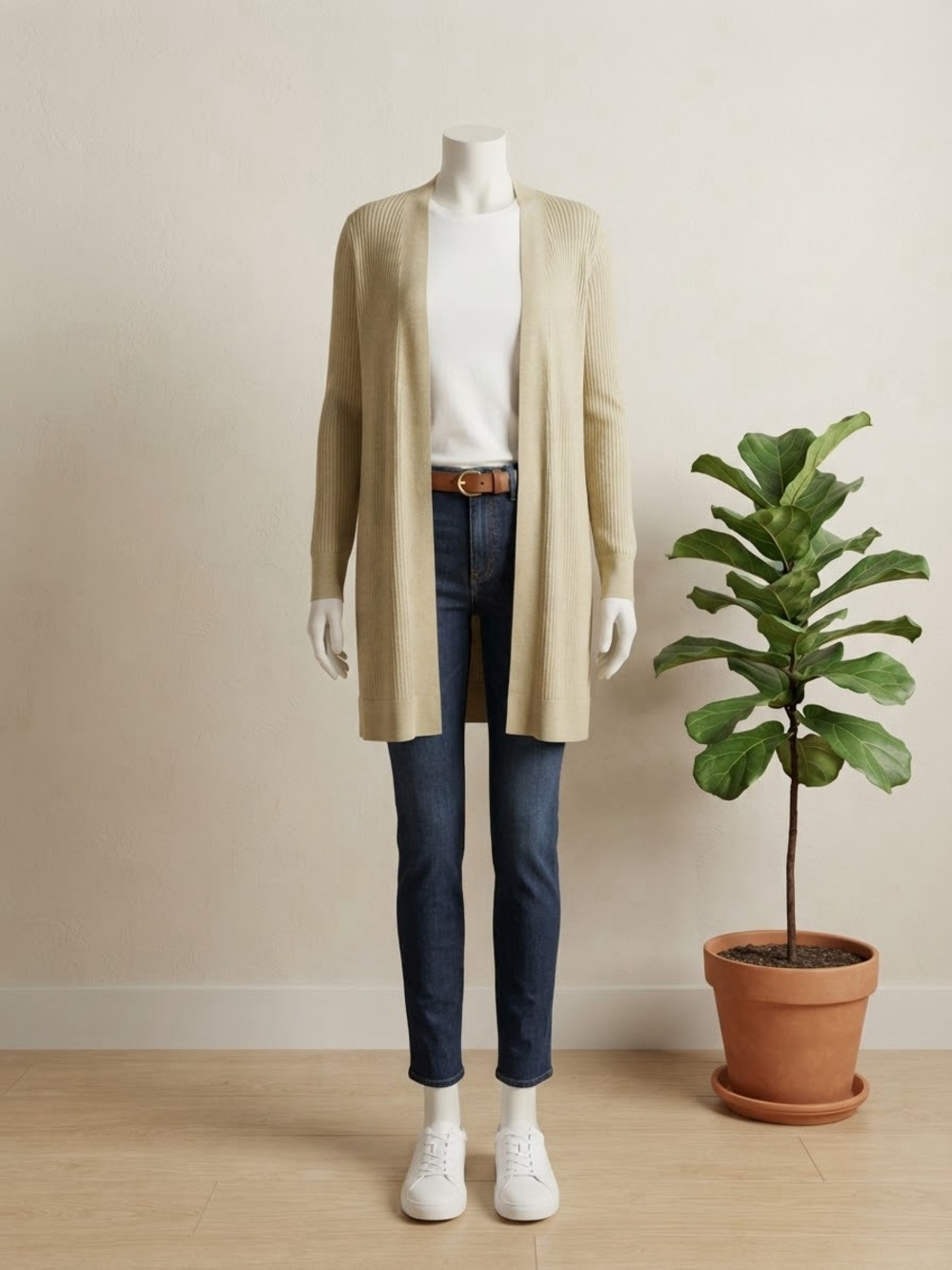 LOFT Beige Open-Front Ribbed Cardigan